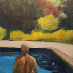 Figurative painting by Pat Meier-Johnson with the back of a man looking into a swimming pool with gold and green Lanscaping in the background