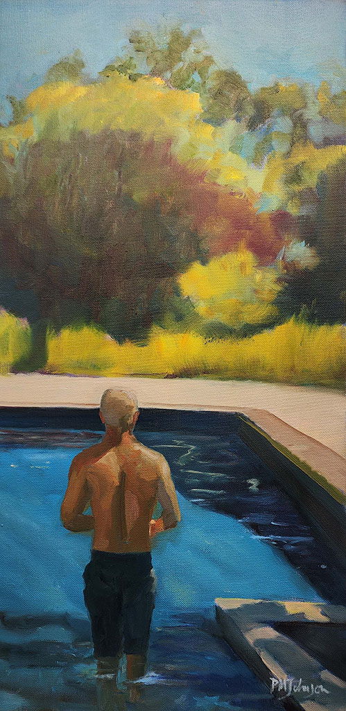 Figurative painting by Pat Meier-Johnson with the back of a man looking into a swimming pool with gold and green Lanscaping in the background