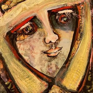 Linda Dove-Pierson's mixed media of stylized face in golds, creams and yellows