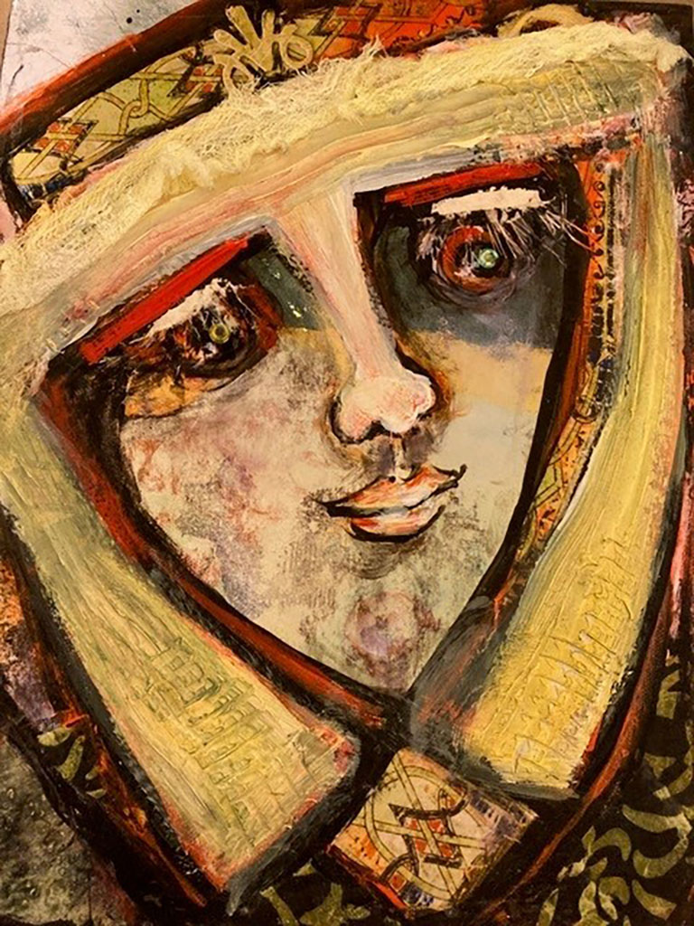 Linda Dove-Pierson's mixed media of stylized face in golds, creams and yellows