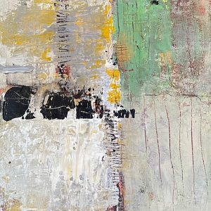 Susan Proehl's abstract painting - acrylic, oil pastel, graphite on stretched canvas. Abstract in whites, oranges with black quasi subjects in center left area