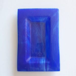 Nancy & Brian Roberts' rectangle kiln fused glass dish - blue & rainbow irid