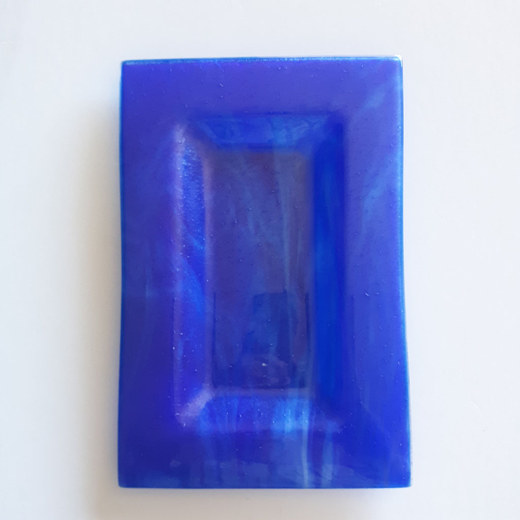 Nancy & Brian Roberts' rectangle kiln fused glass dish - blue & rainbow irid
