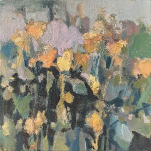 Sandra Rubins 12 x 12 square of flowers an abstract oil painting of yellow flowers and green stems and leaves