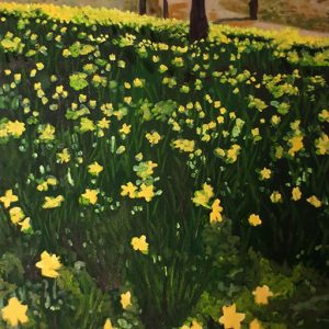 Donna Schaffer's oil painting of a field of yellow daffodils in greens field
