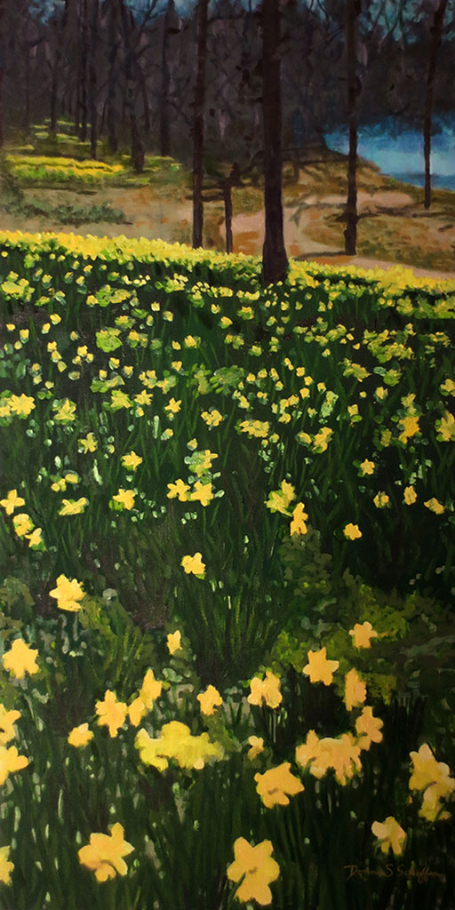 Donna Schaffer's oil painting of a field of yellow daffodils in greens field