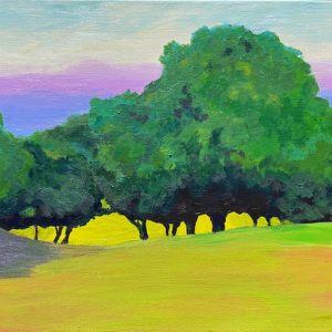 Bonnie Soule-Karlsen's acrylic landscape painting depicting voluminous green trees in a gren-yellow field with blue, purple white background