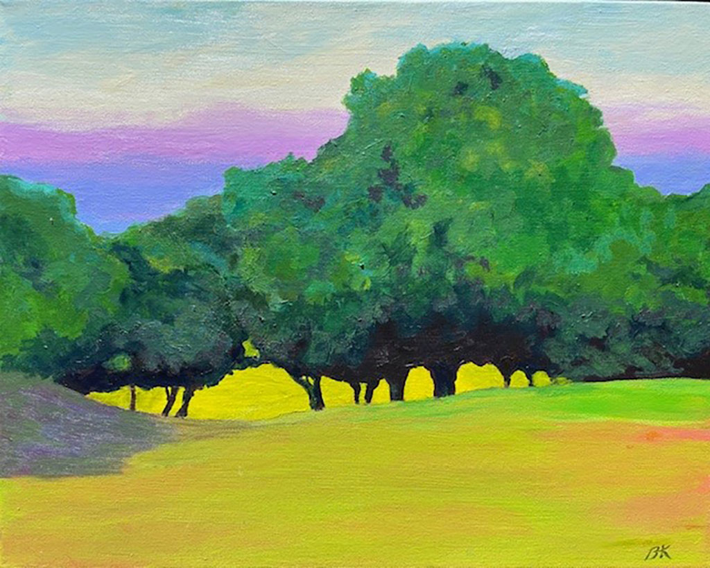 Bonnie Soule-Karlsen's acrylic landscape painting depicting voluminous green trees in a gren-yellow field with blue, purple white background