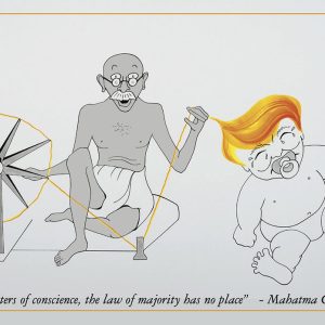 Andrea Speer Hibbard's pen and ink drawing of Ghandi and Trump mostly black and white with orange hair on Trump