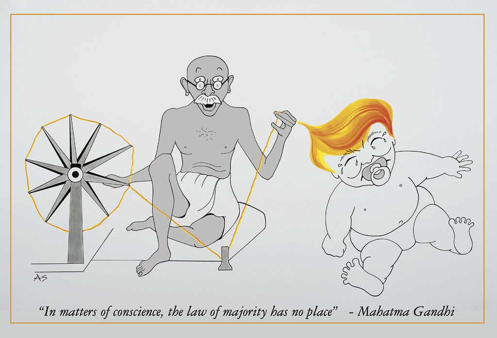 Andrea Speer Hibbard's pen and ink drawing of Ghandi and Trump mostly black and white with orange hair on Trump