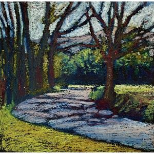 Paula Strother's shady lane painted in oil on board, depicting a paved path meandering through green trees, bordered by green grass