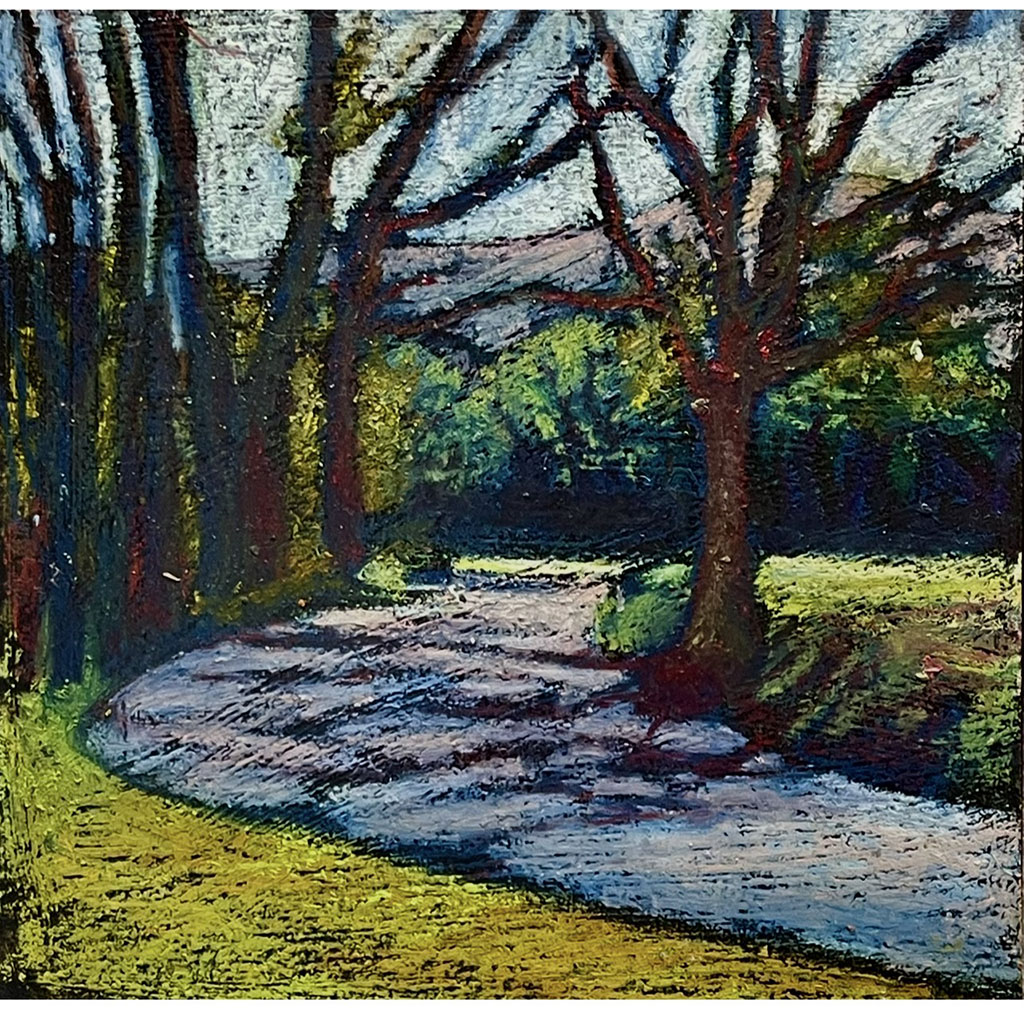 Paula Strother's shady lane painted in oil on board, depicting a paved path meandering through green trees, bordered by green grass