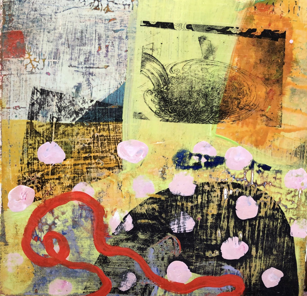 Kathleen Thompson's abstract acrylic painting on panel. Large black mass with white dots and yellow/orange images in the background