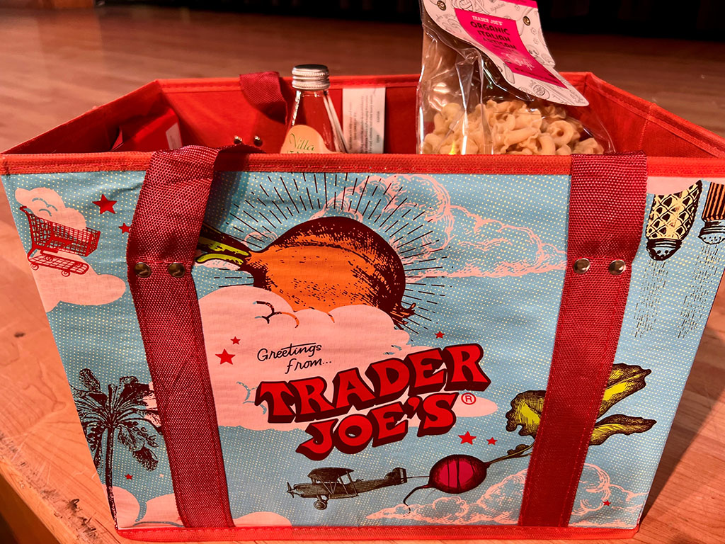 Trader Joe's reusable shopping bag full of Italian treats