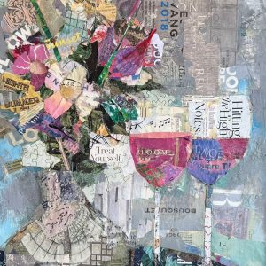 Jamie Pavlich Walker's torn collage piece Treat Youself featuring two wine glasses and a bouquet of flowers.