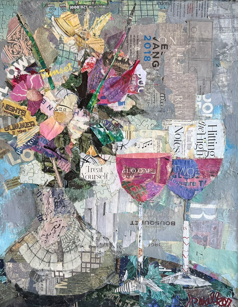 Jamie Pavlich Walker's torn collage piece Treat Youself featuring two wine glasses and a bouquet of flowers.