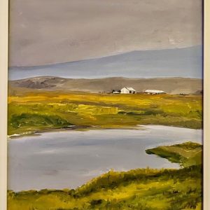Pamela Wilsey's oil on panel landscape of Abbott's Lagoon. Yellow meadow with blue stream running through against grey cloudy sky.