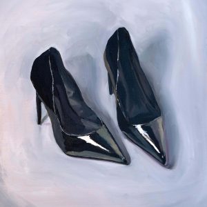 Oil painting by artist Pat Meier-Johnson of two black high-heeled shoes against a varied white background