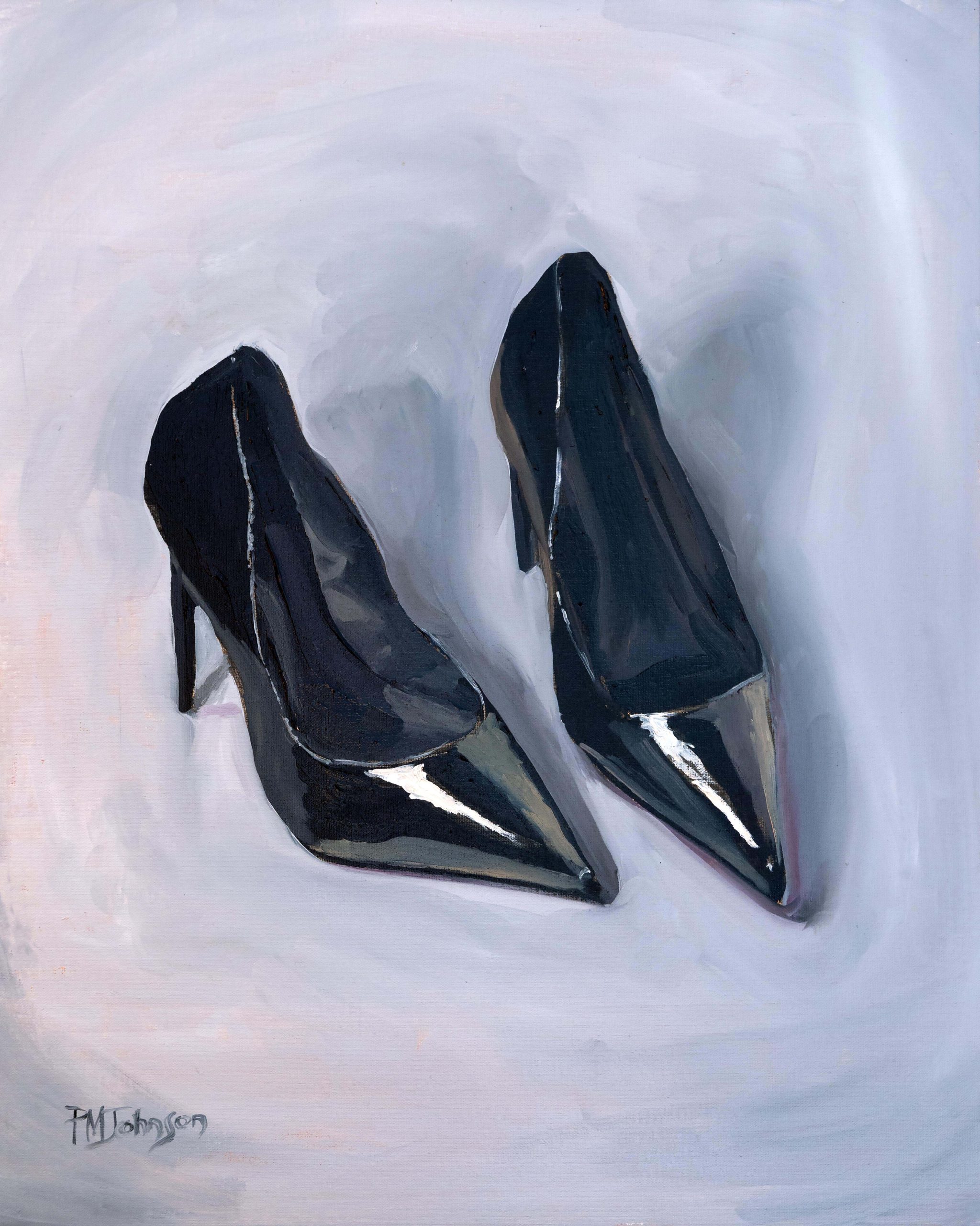 Oil painting by artist Pat Meier-Johnson of two black high-heeled shoes against a varied white background