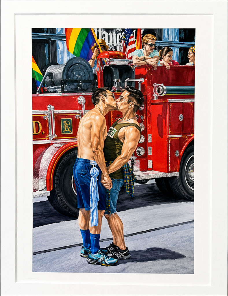 Alan Beckstead's acrylic on canvas painting of a San Francisco firefighter kissing his partner in front of a red firetruck