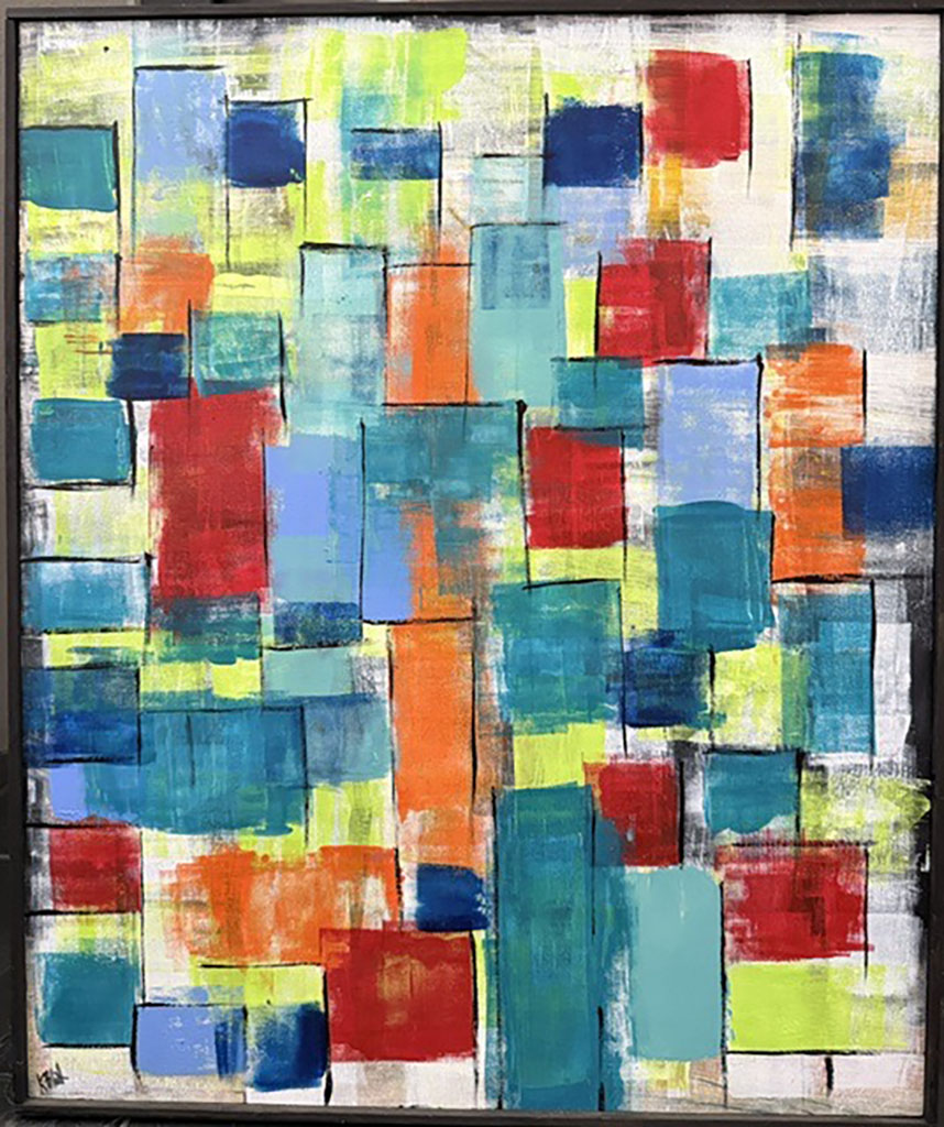 Kate Black's abstract oil painting of pride flags in red, blue, yellows