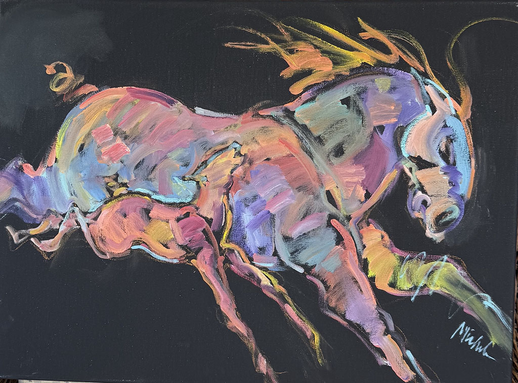 Michele Collier's Born To Run oil painting of colorful running horse