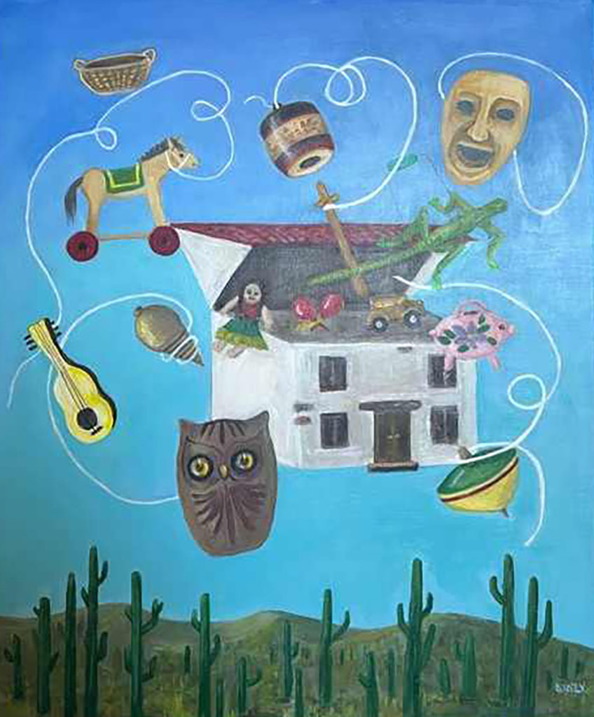 Rosa Diaz-Serrano's acrylic on canvas painting of a house with the roof open and musical instruments and toys floating out