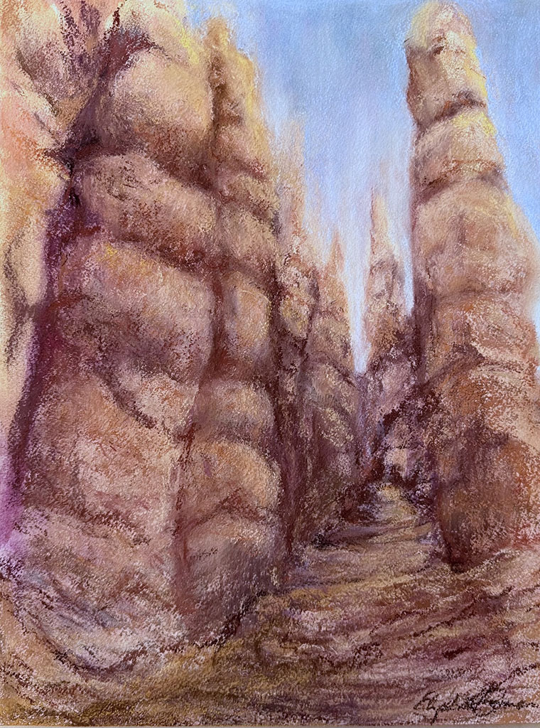 Elizabeth Gomes pastel painting inspired by the stone Hoodoos of Bryce Canyon in brown tones against a blue sky