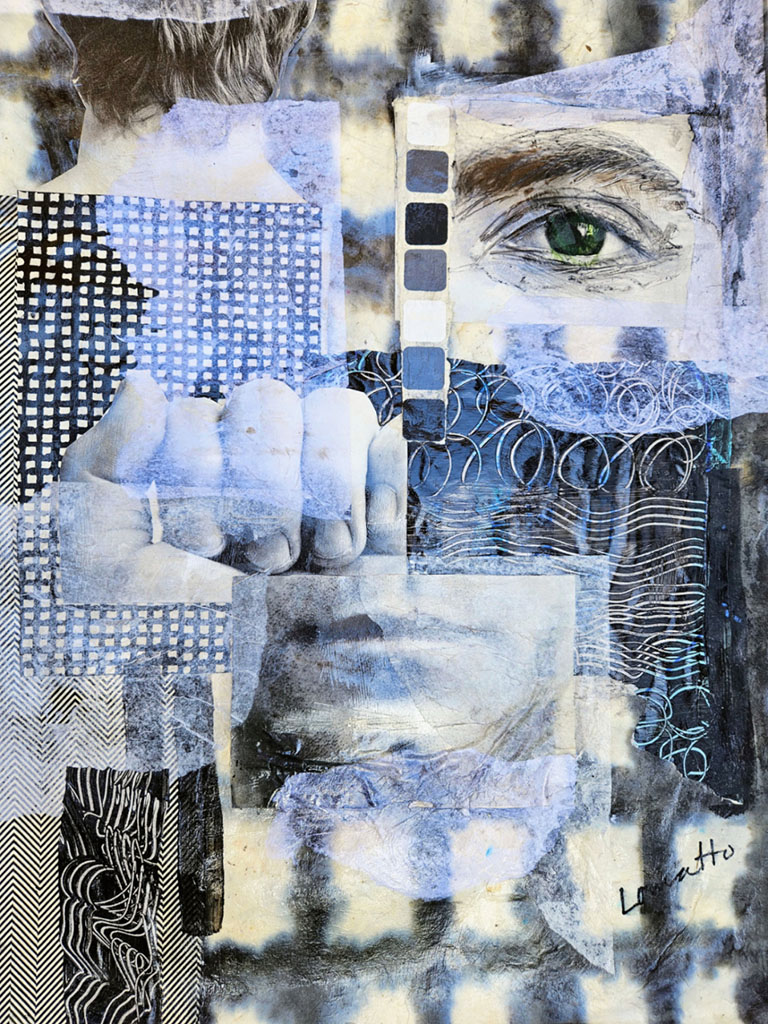 Lorna Ho's mixed media collage featuring a human eye and mouth in blues and beiges