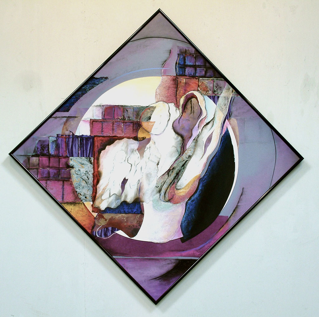 Gerald Huth's collage combining art papers and drawing techniques in muted shades of white, blue, grey and crimson