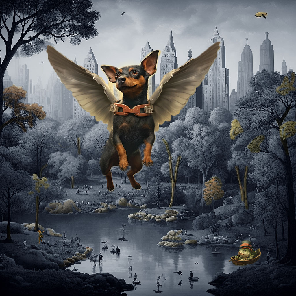 Monica Kuhlman-Jacobson's altered image photograph of small dog with wings with Central Park in the background