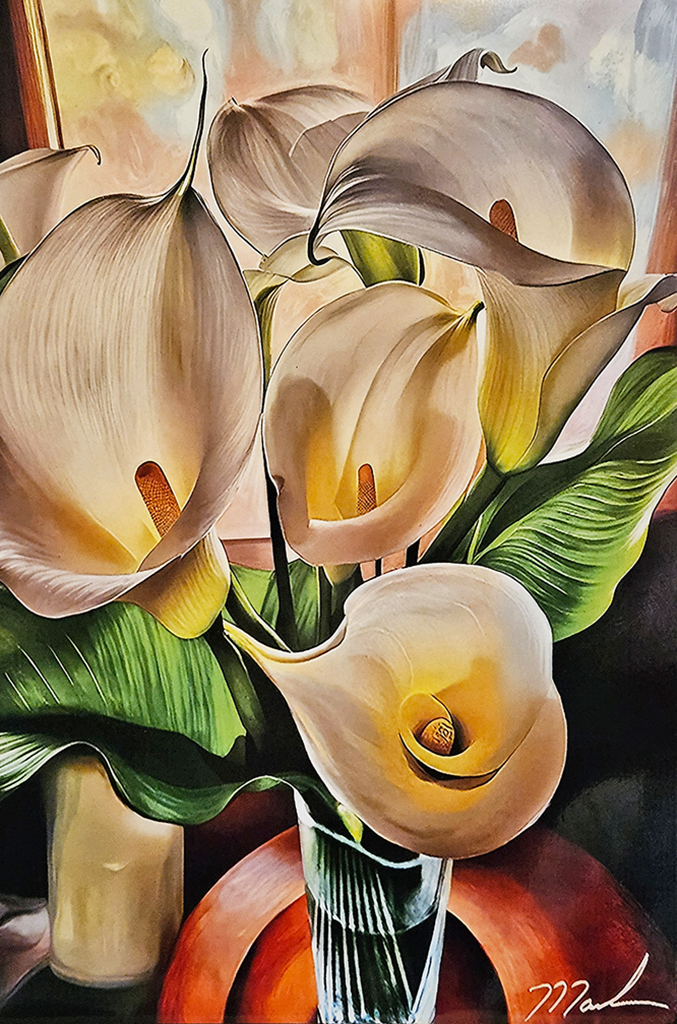 Mark Watt's photograph of calla lilies on metal in pinks and butter cream colors