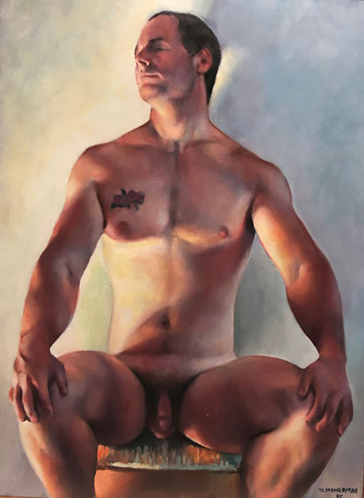 James Zimmerman's oil painting of a naked man seated full frontal view
