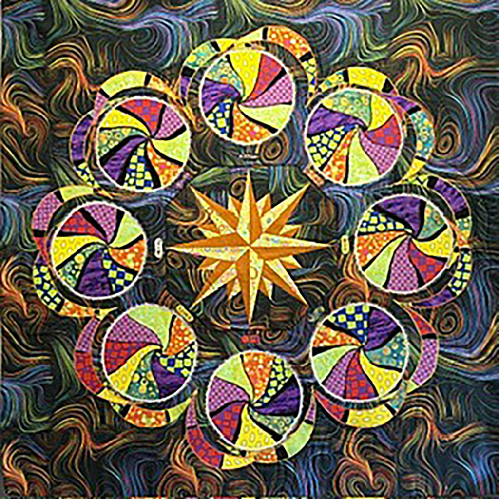 Jennifer Bakers quilt Fused and appliqued cotton fabric, quilted and finished with 'ready to hang" sleeve" on back. Complex star in center surrounded by multi-colored spheres