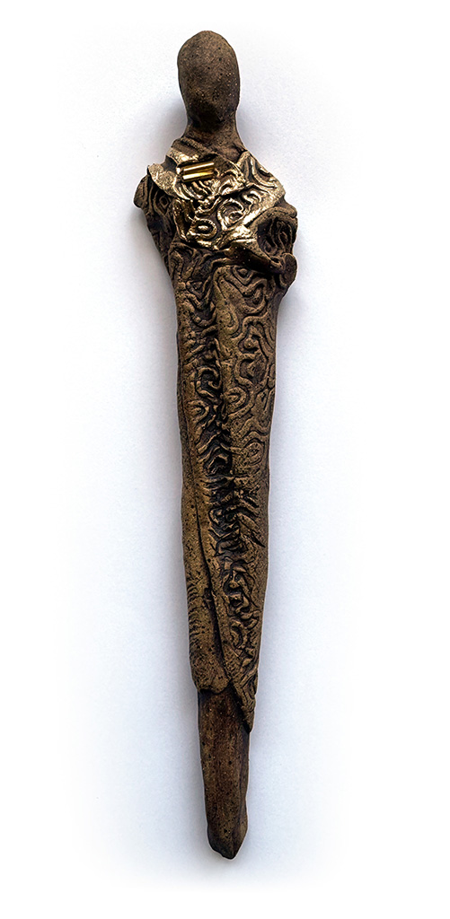 Maggie Bolt's clay wall statue figure in brown - cloaked image