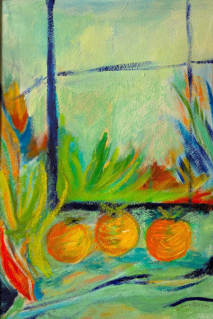 Bonnie Boren's abstract acrylic painting on paper depicting orange tomatoes against a green background