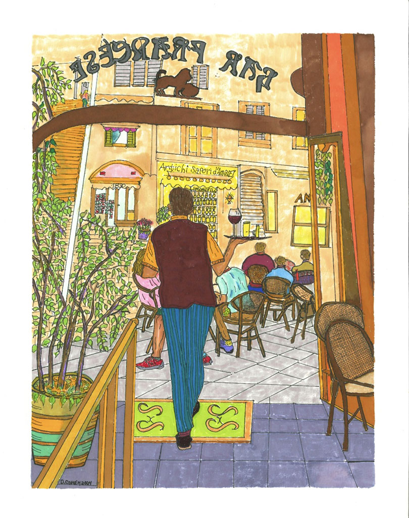 David Cohen's Print of original - pencil, pen, ink and watercolor drawing of a back view of a waiter delivering beverages in an outdoor bar on the Amalfi Coast