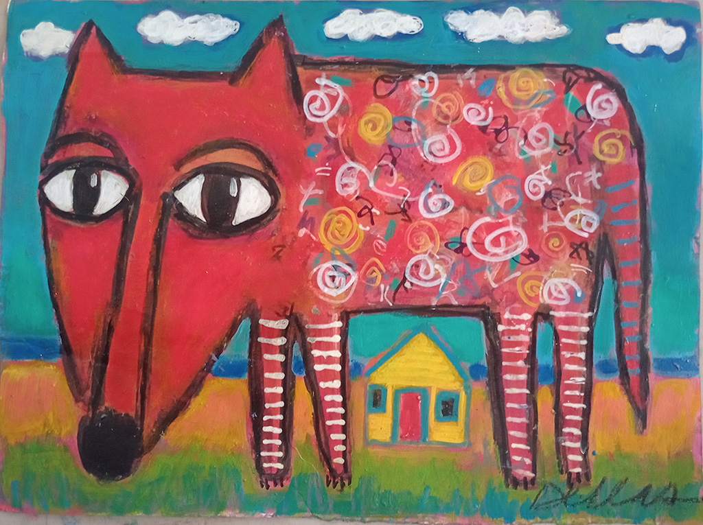 Joy Della's colorful acrylic painting of a stylized dog with a red elogated head and spotted body