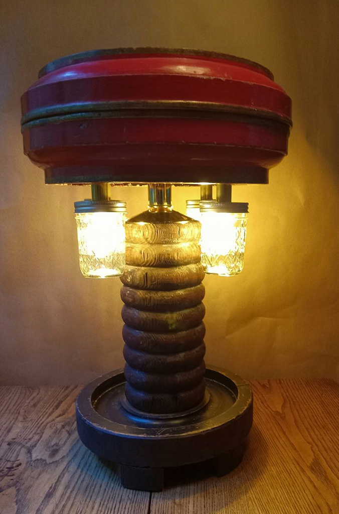 Howard Dernberger's table lamp made of 3 found objects. Brown wood shaft with two lights on either side of the shaft