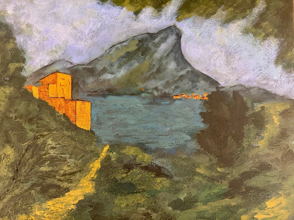 Anne Dowie's painting of stylized landscape of mountains in greys golds against a cloudy background