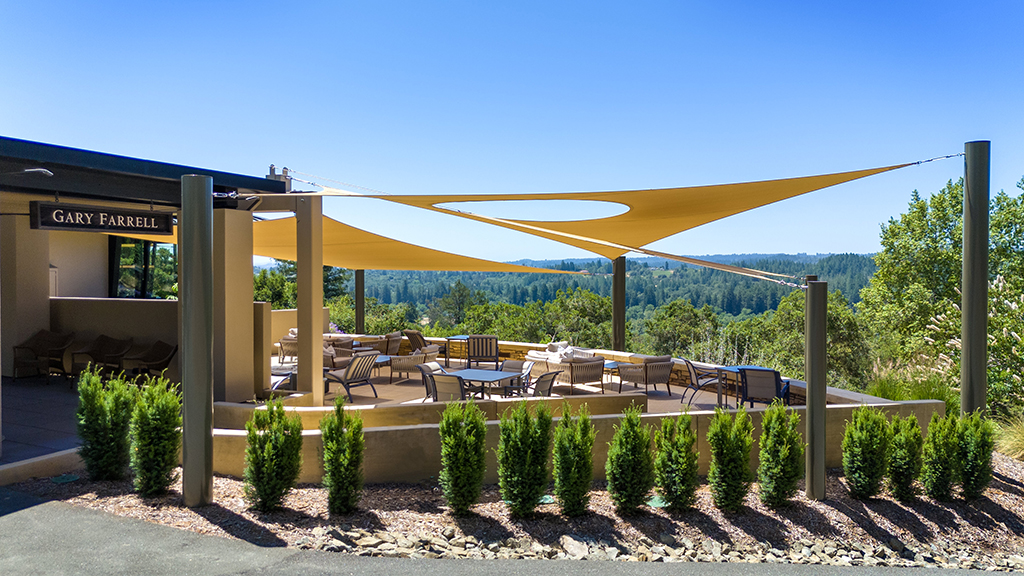 Gary Farrell Winery outdoor scene beautiful blue sky and redwood trees