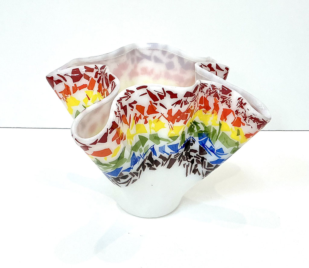 Terri Hamilton-Gahart's opaque white glass vase with rainbow colored glass confetti