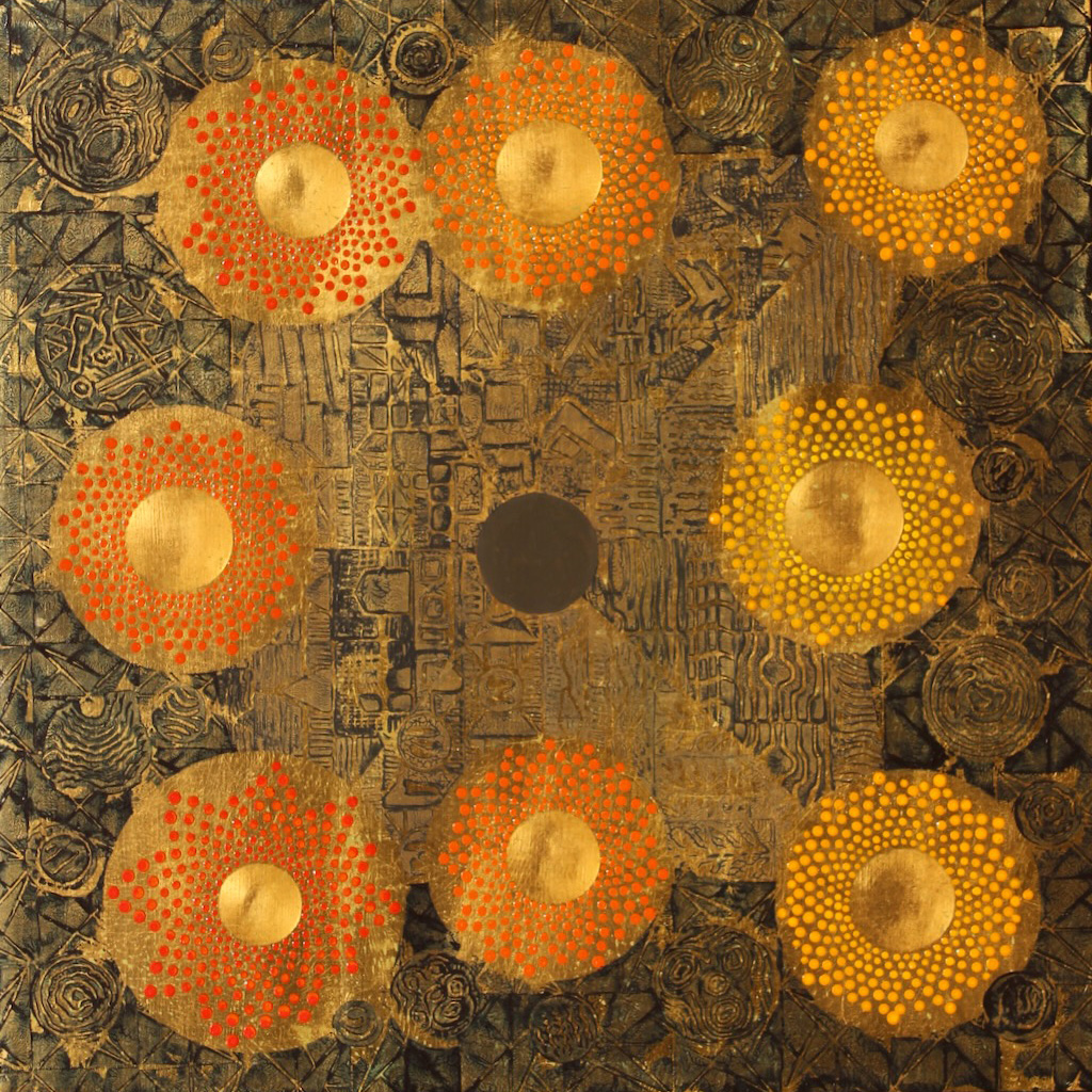 Joel Hoyer's eight burnished circles surrounding one black hole in the center. Block prints on bronze
