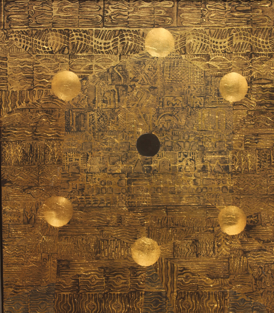 Joel Hoyer's one black hole surrounded by six gold circles is a Block print on bronze leaf from occupied Bavaria