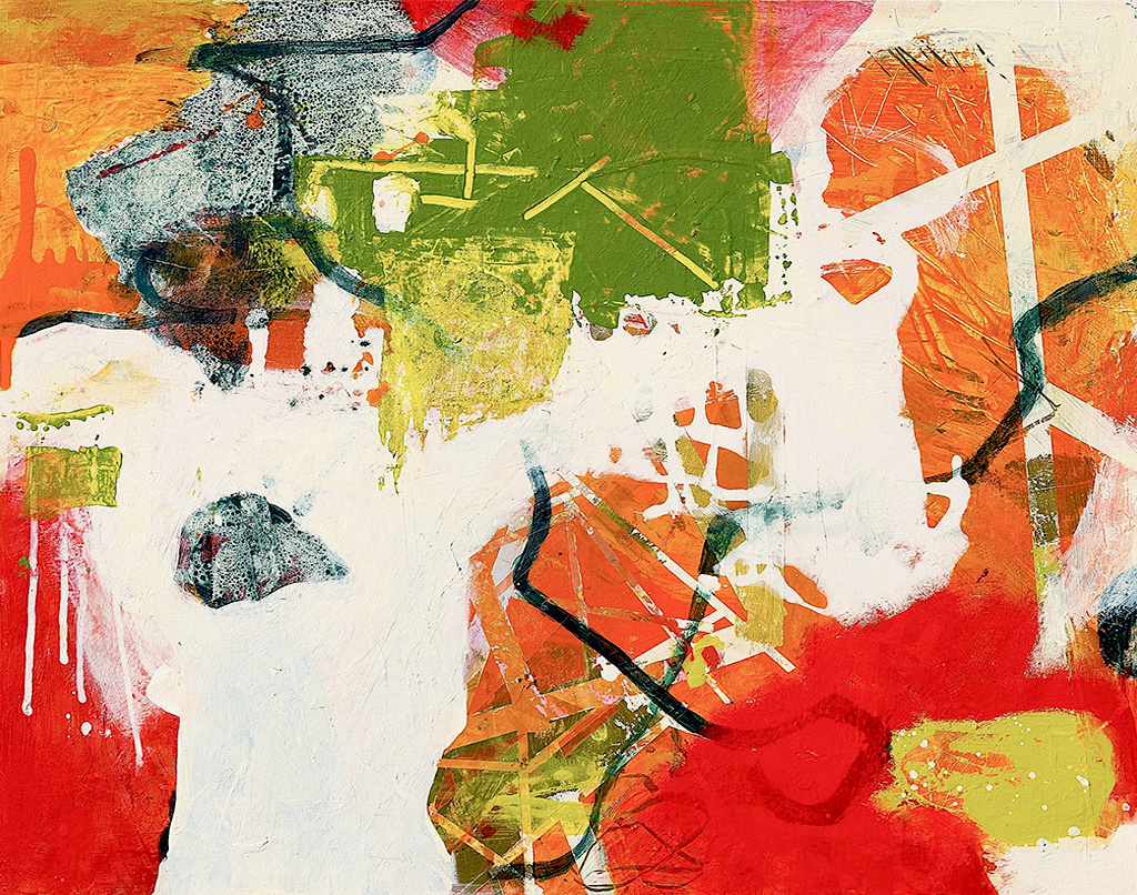 Suzanne Jacquot's abstract acrylic painting in reds, white, orange and yellow