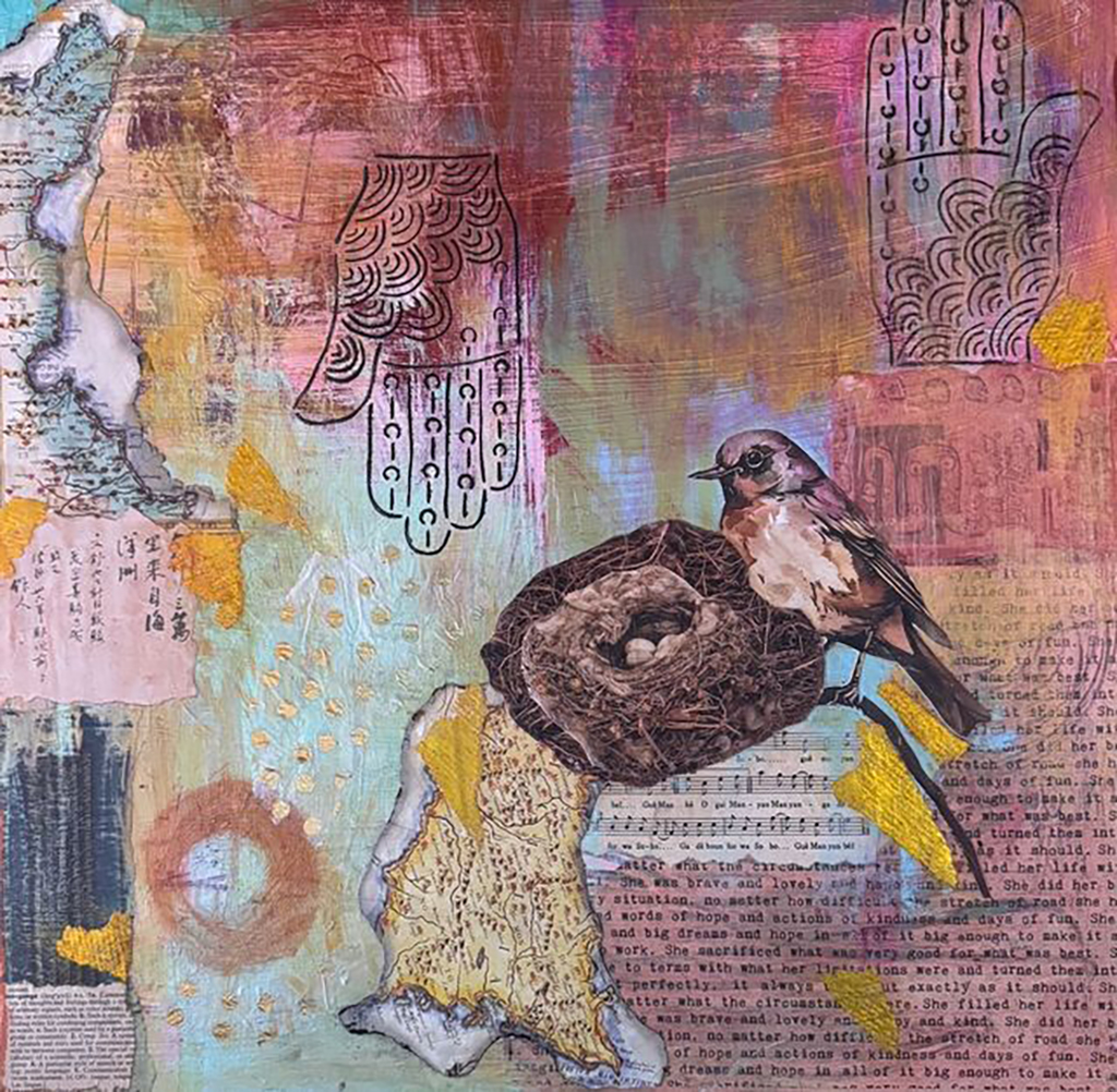 Jude Miriah's collage of bird on edge of nest with background of pinks, oranges, blues varigated