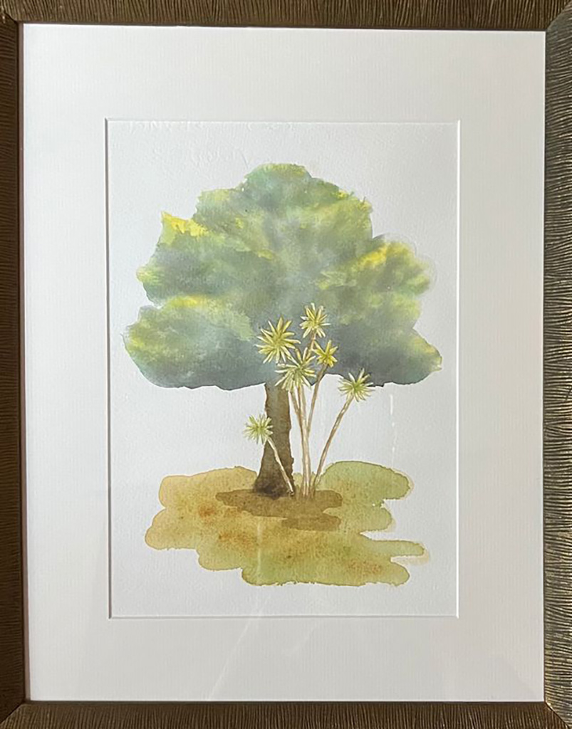 Judiyaba's watercolor painting of a single blooming green tree in a serene setting