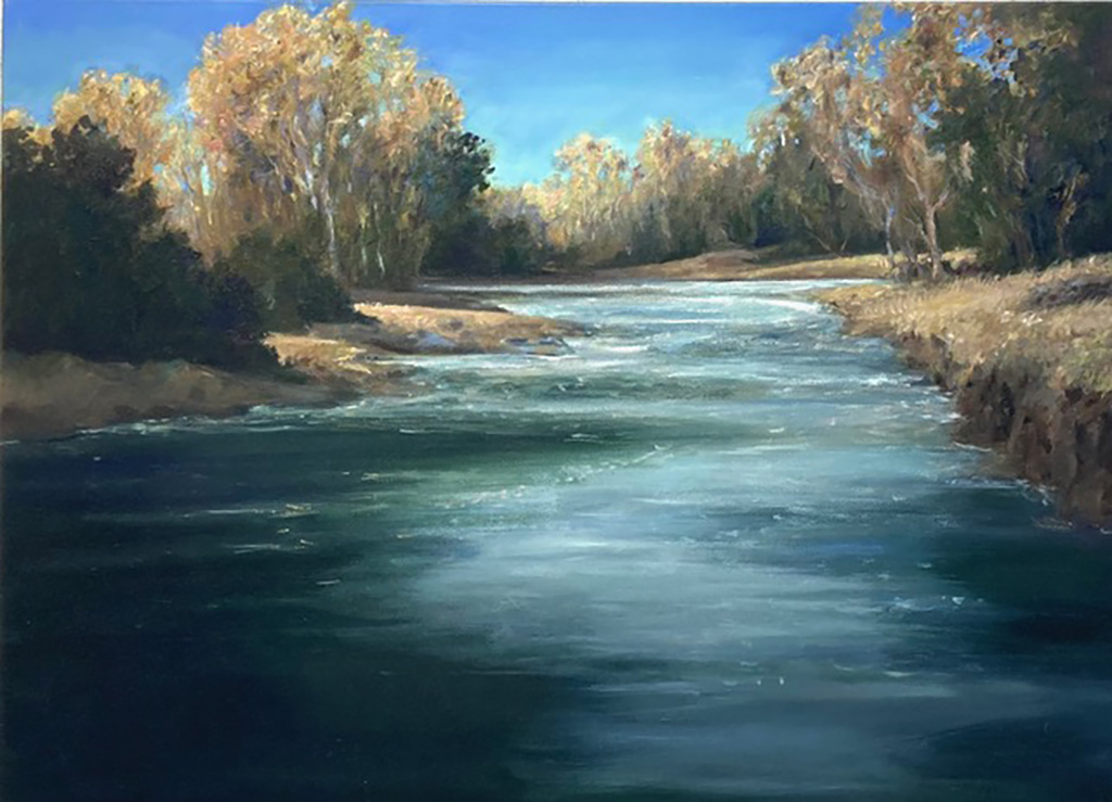 Barbara Medaille's beautiful oil on canvas painting of river winding around a bend with full trees on either side