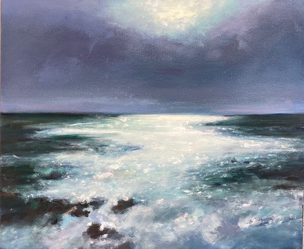 Barbara Medaille's oil on canvas painting of the ocean with a fog shrouded sun in the background