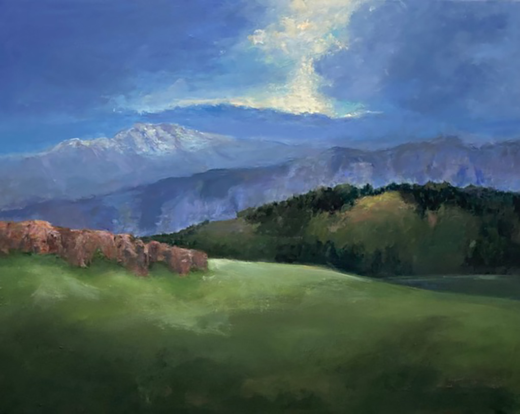 Barbara Medaille's oil on canvas landscape painting of rolling green hills against a grey cloudy background